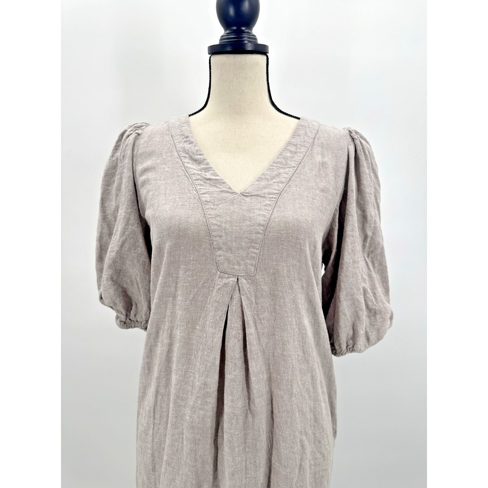 Cynthia Rowley Oatmeal Puff Sleeve Linen Dress Small V-Neck Pockets Coastal Prep
